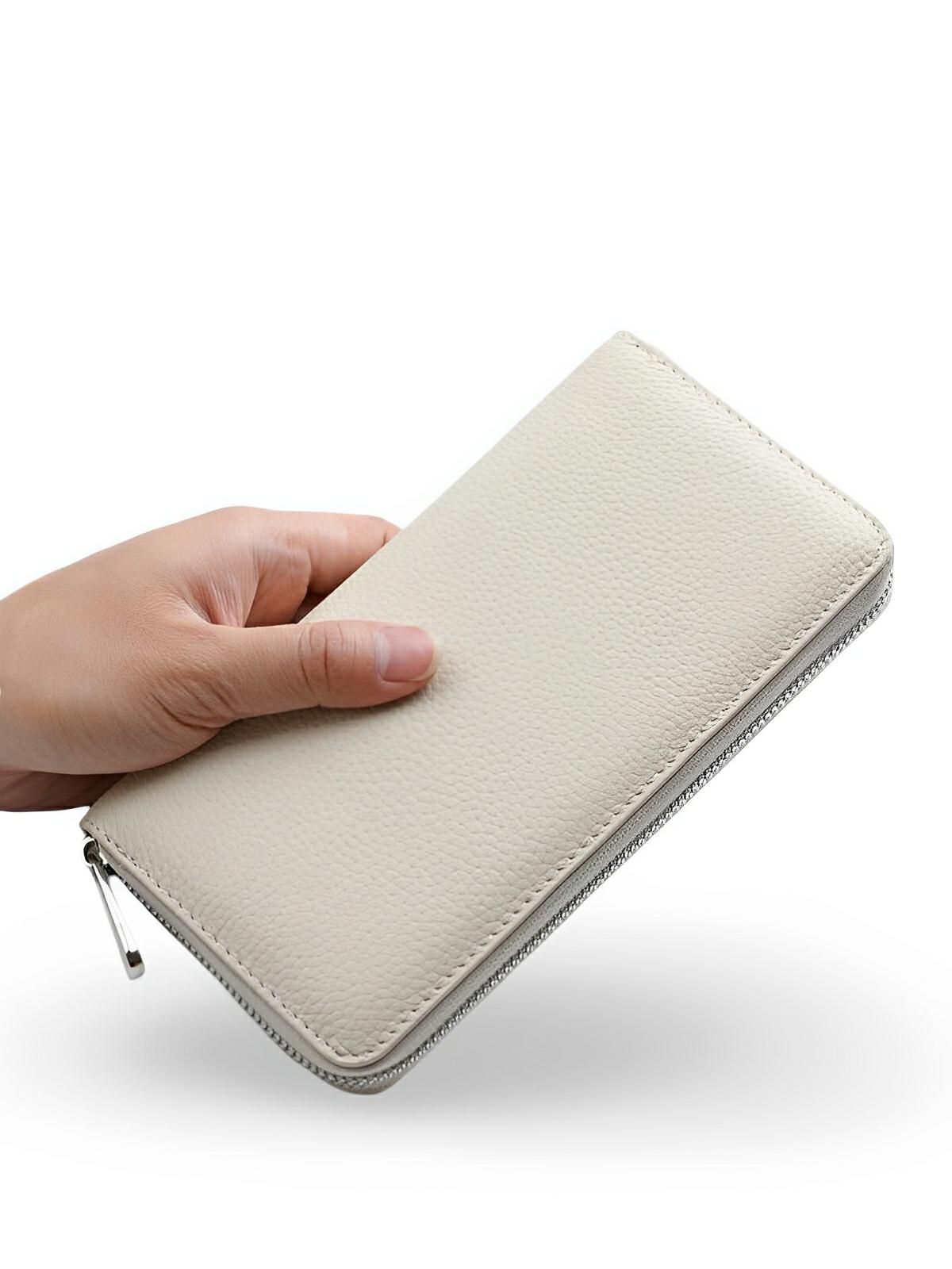 Portefeuille long en cuir, grande capacité, fermeture zippée, compartiments multiples, rangement cartes et billets, design élégant, modèle Dominique - Porte - feuille - Blanc