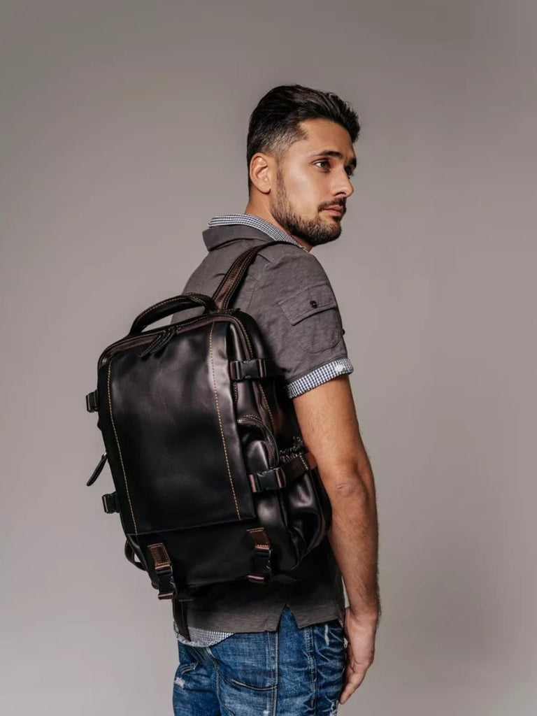 Sac à dos bicolore en cuir, pour l'homme casual, modèle Noé - Sac à dos - Noir