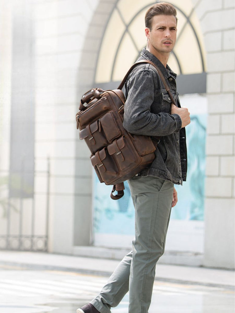 Sac à dos en cuir, multi - poches, ergonomique et spacieux, modèle Tancrède - Sac à dos - Café