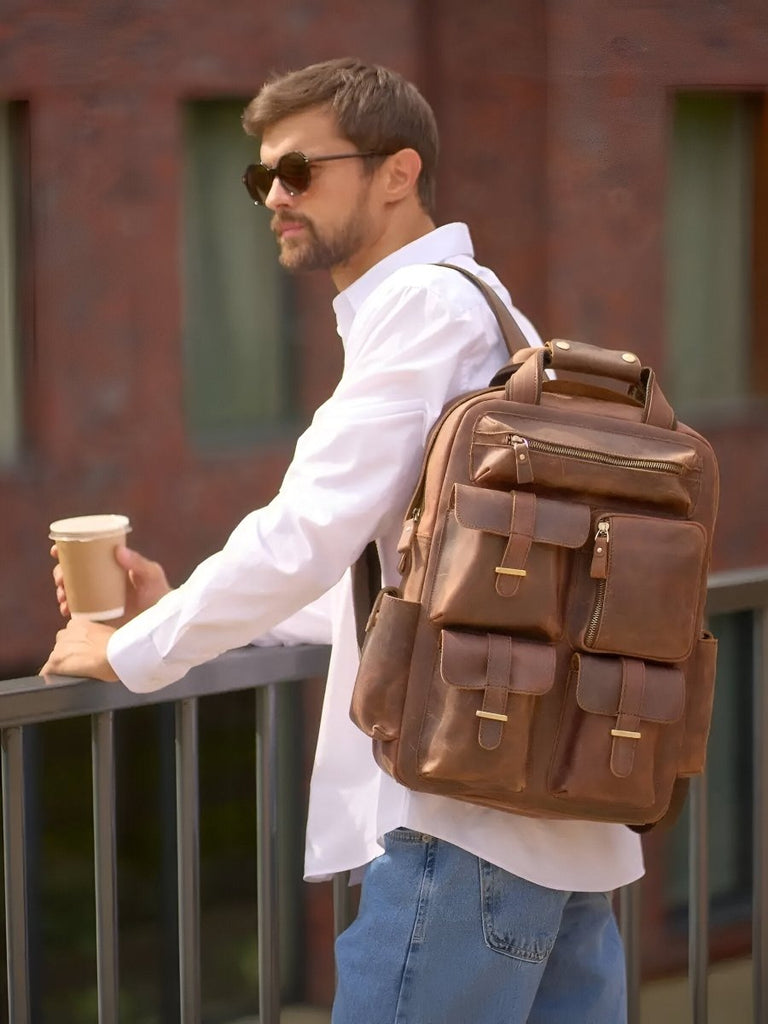 Sac à dos en cuir, multi - poches, ergonomique et spacieux, modèle Tancrède - Sac à dos - Café