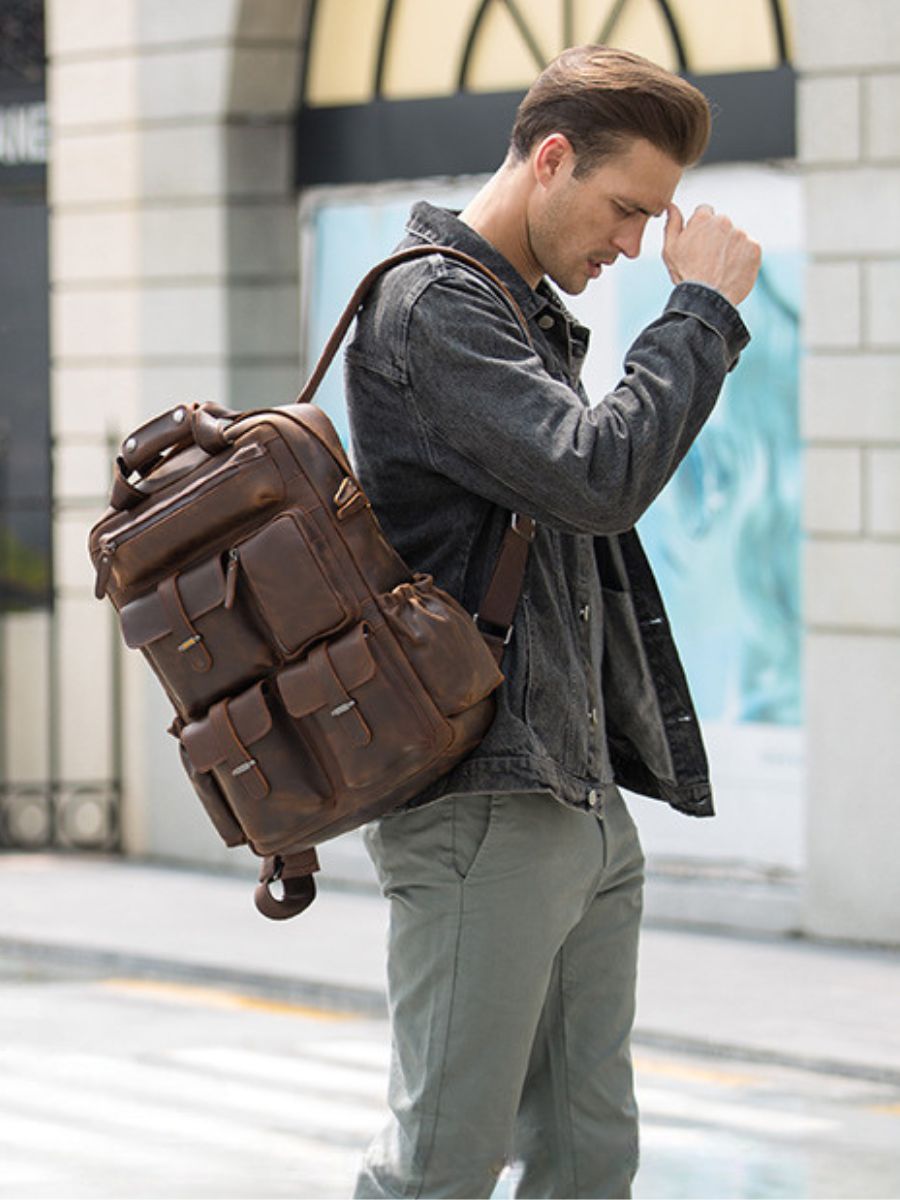 Sac à dos en cuir, multi - poches, ergonomique et spacieux, modèle Tancrède - Sac à dos - Café