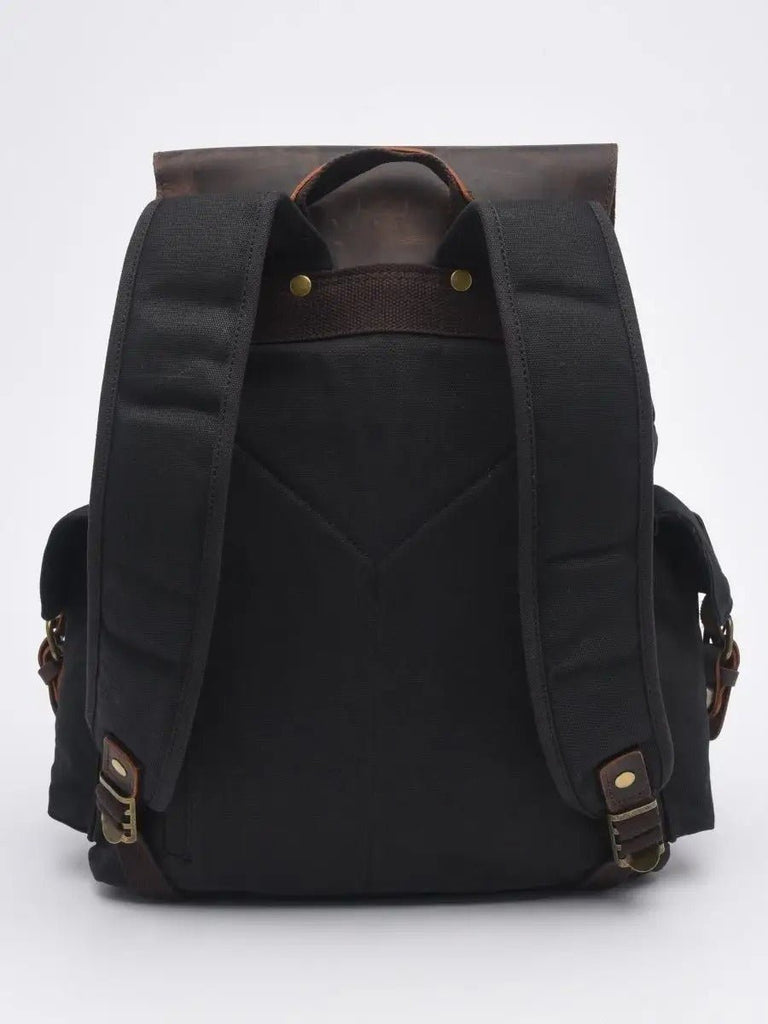 Sac à dos en toile cirée et cuir à grande capacité, imperméable et pratique, modèle Médéric - Sac à dos - Noir