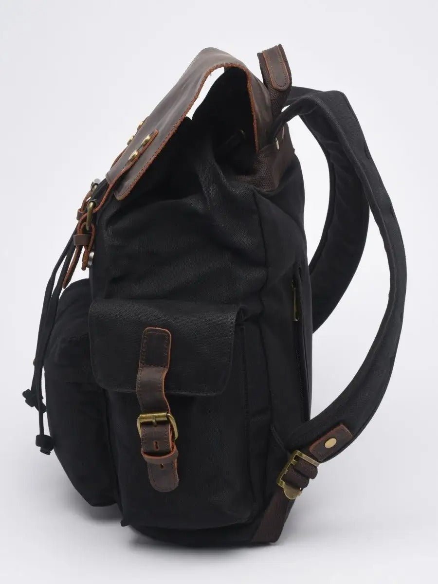 Sac à dos en toile cirée et cuir à grande capacité, imperméable et pratique, modèle Médéric - Sac à dos - Noir