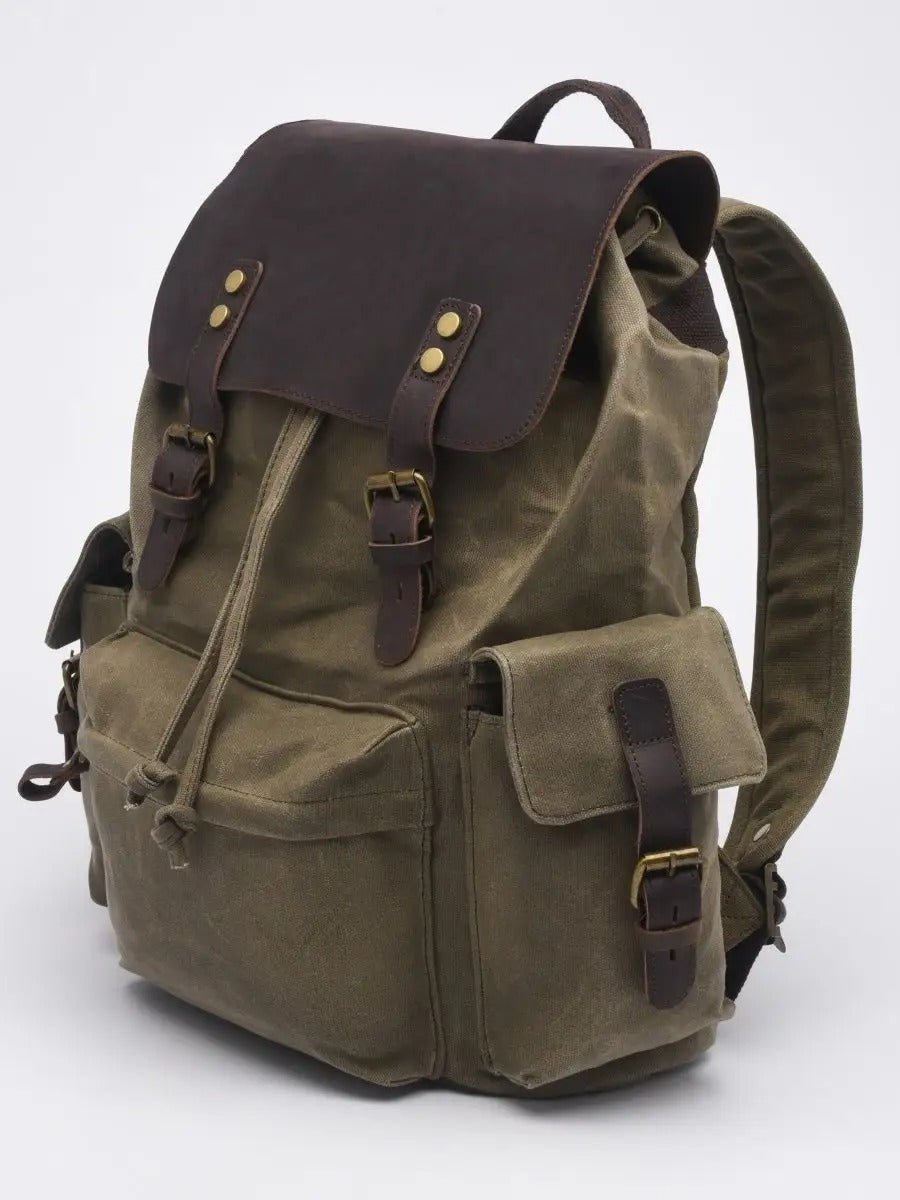 Sac à dos en toile cirée et cuir à grande capacité, imperméable et pratique, modèle Médéric - Sac à dos - Kaki