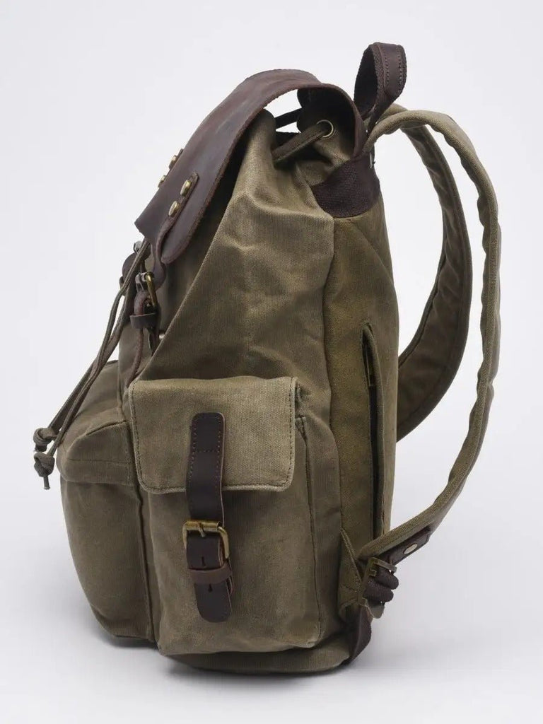 Sac à dos en toile cirée et cuir à grande capacité, imperméable et pratique, modèle Médéric - Sac à dos - Kaki