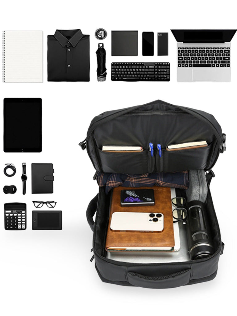 Sac à dos extensible 35L, résistant aux intempéries, port USB, ergonomique, idéal voyage et business, modèle Vargon - Sac à dos - Noir