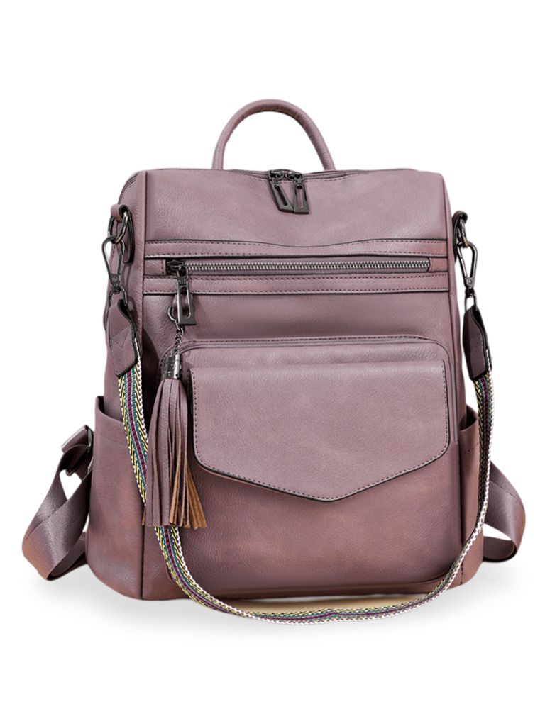 Sac à dos femme en simili vegan avec pochette, bicolore, grande capacité, détails franges, design urbain chic, modèle Lannah - Sac à dos - Mauve