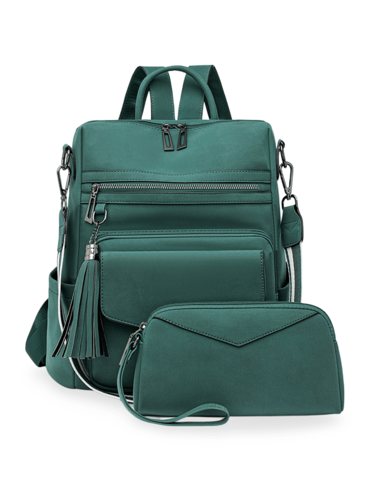 Sac à dos femme en simili vegan avec pochette, bicolore, grande capacité, détails franges, design urbain chic, modèle Lannah - Sac à dos - Vert