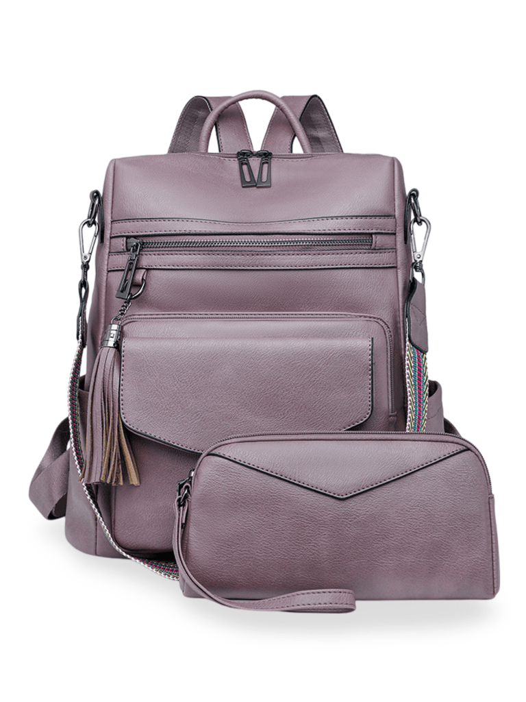 Sac à dos femme en simili vegan avec pochette, bicolore, grande capacité, détails franges, design urbain chic, modèle Lannah - Sac à dos - Mauve