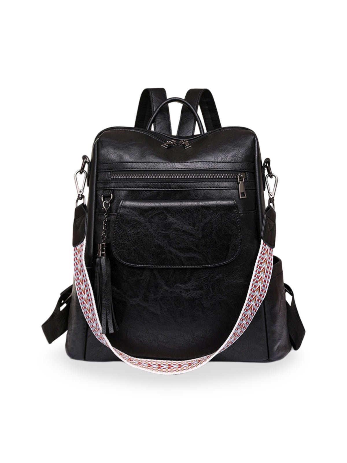 Sac à dos femme en simili vegan, grande capacité, style vintage, convertible en sac à bandoulière, avec poches multiples, modèle Laura - Sac à dos - Noir