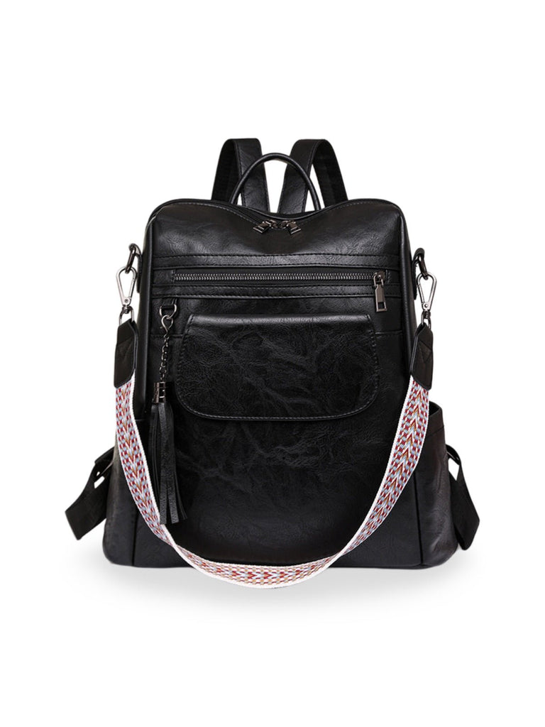 Sac à dos femme en simili vegan, grande capacité, style vintage, convertible en sac à bandoulière, avec poches multiples, modèle Laura - Sac à dos - Noir