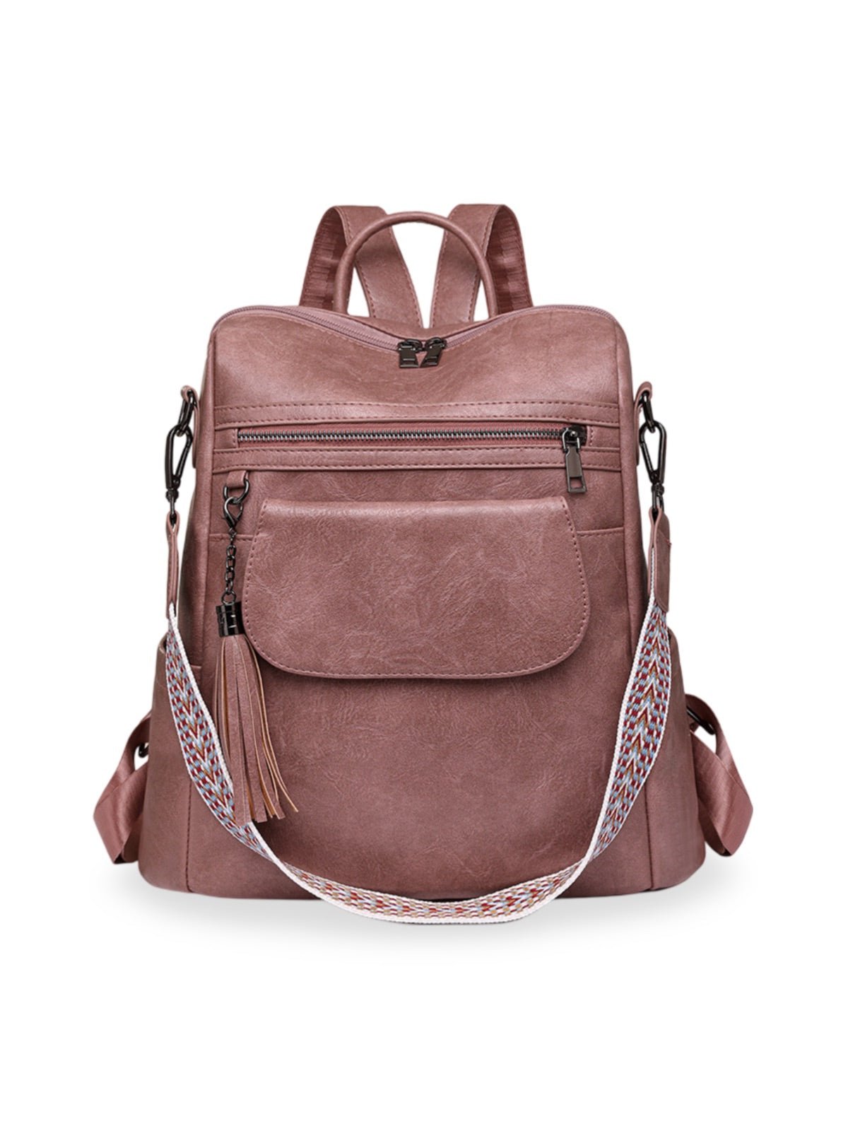 Sac à dos femme en simili vegan, grande capacité, style vintage, convertible en sac à bandoulière, avec poches multiples, modèle Laura - Sac à dos - Rose