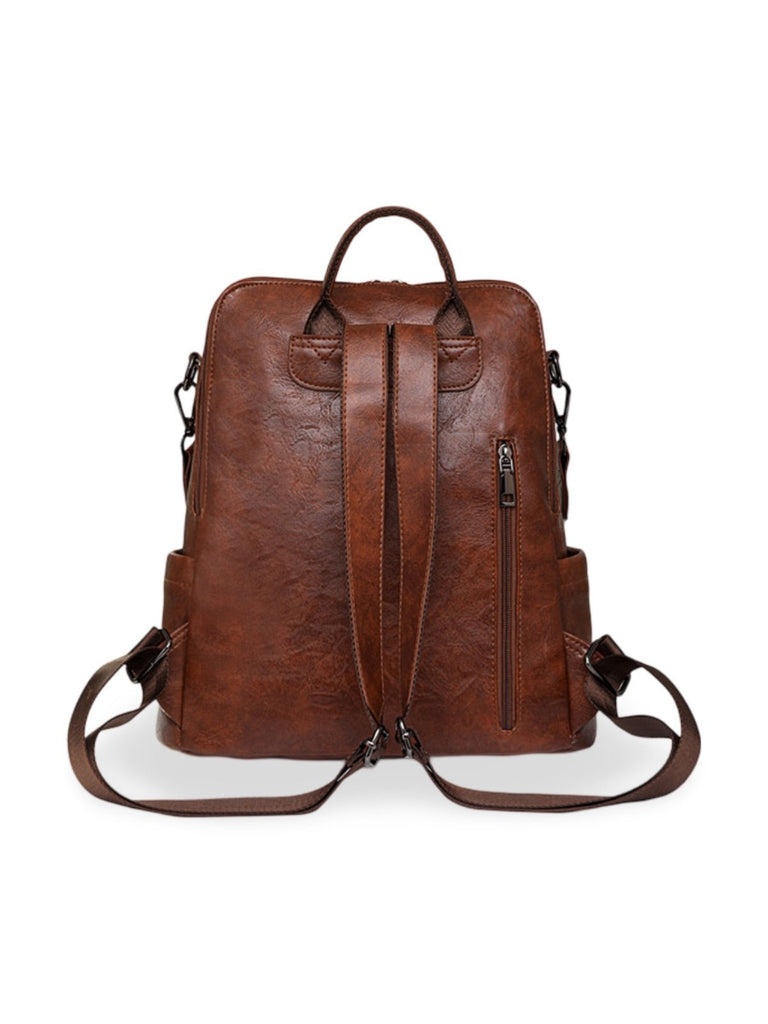 Sac à dos femme en simili vegan, grande capacité, style vintage, convertible en sac à bandoulière, avec poches multiples, modèle Laura - Sac à dos - Marron