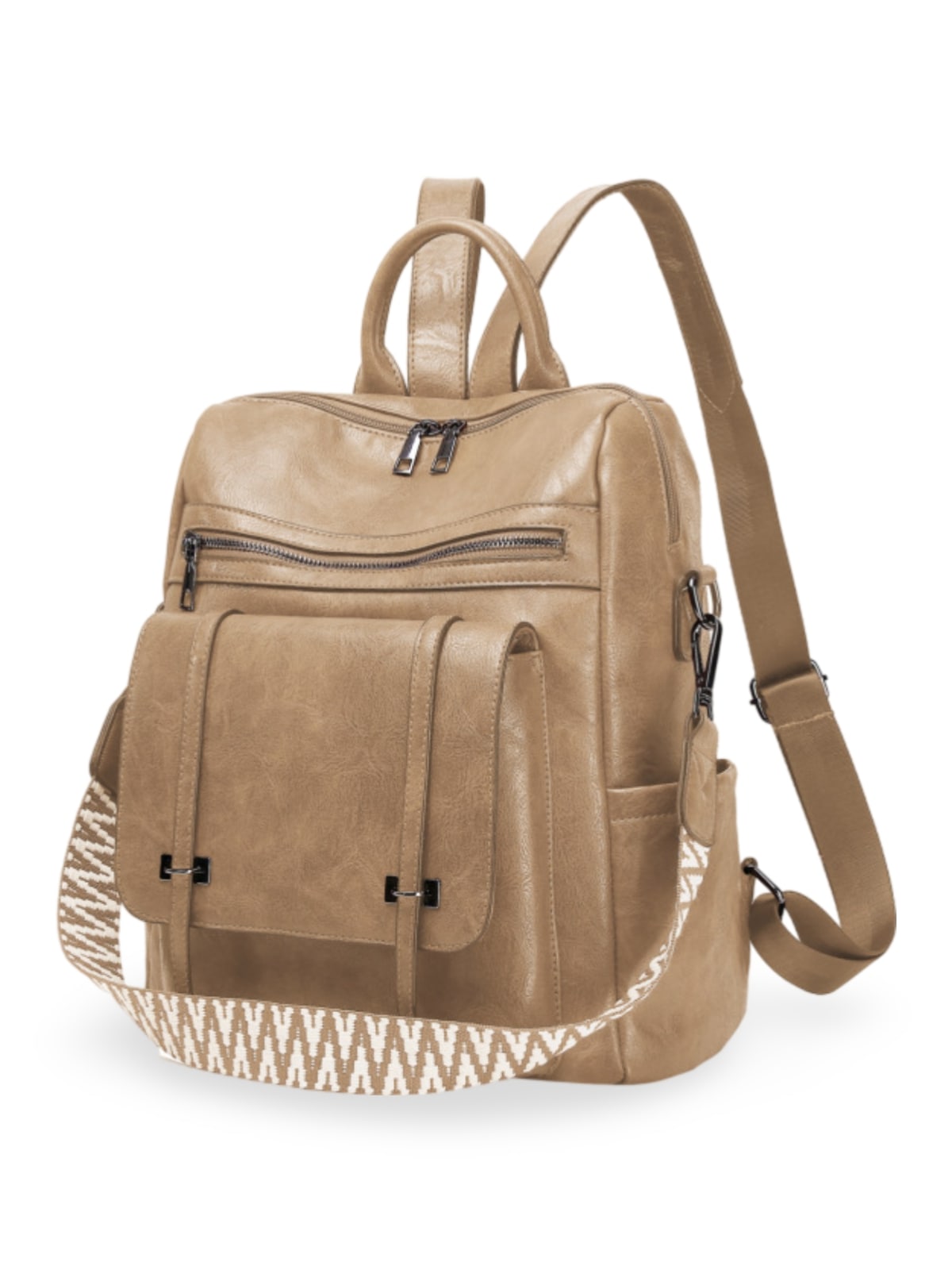 Sac à dos femme en Simili Vegan, multi - poches, bandoulière ajustable, style rétro, modèle Ilona - Sac à dos - Beige