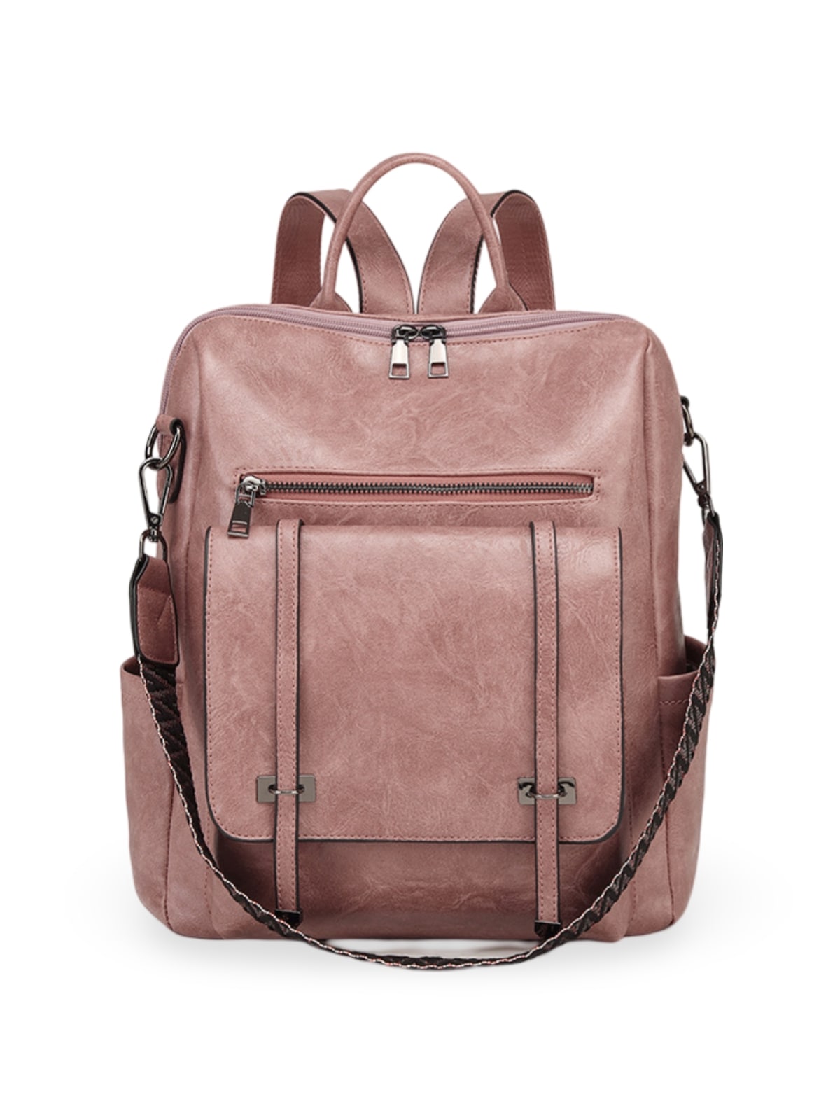 Sac à dos femme en Simili Vegan, multi - poches, bandoulière ajustable, style rétro, modèle Ilona - Sac à dos - Rose