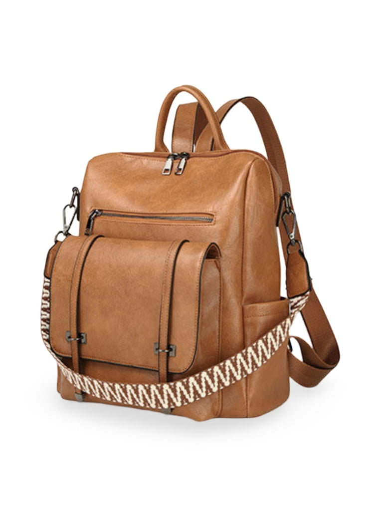 Sac à dos femme en Simili Vegan, multi - poches, bandoulière ajustable, style rétro, modèle Ilona - Sac à dos - Camel