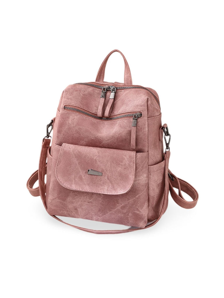 Sac à dos femme, grand format, simili vegan effet vieilli, sac convertible, multi - poches, casual chic, modèle Laurie - Sac à dos - Rose