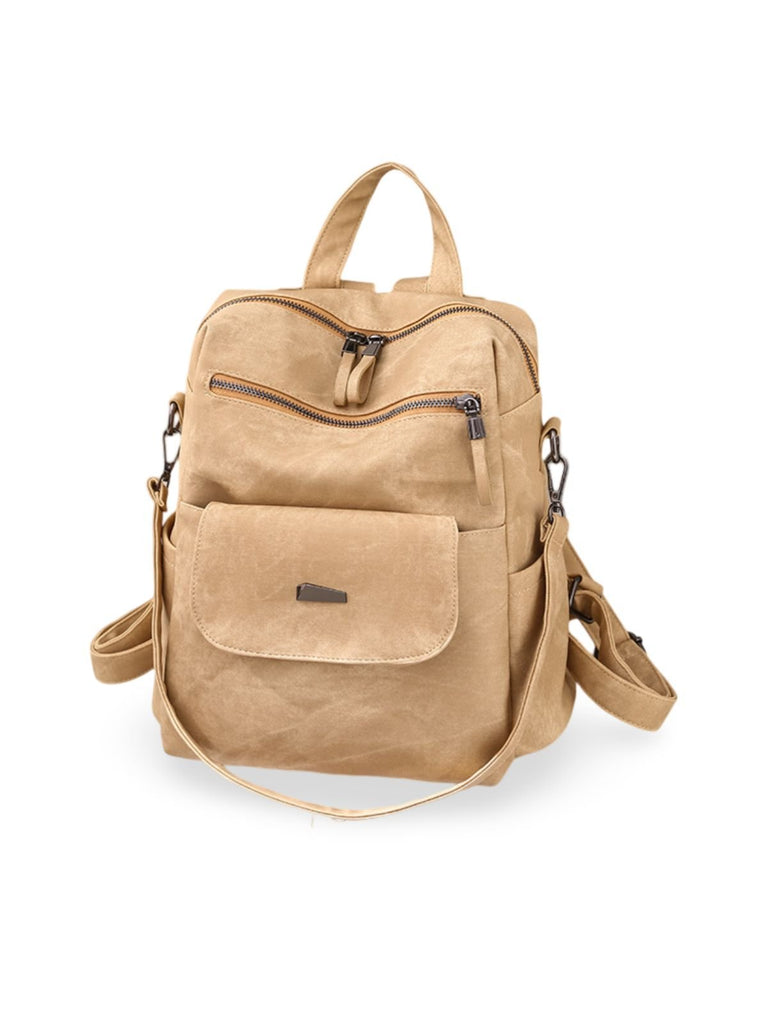 Sac à dos femme, grand format, simili vegan effet vieilli, sac convertible, multi - poches, casual chic, modèle Laurie - Sac à dos - Beige