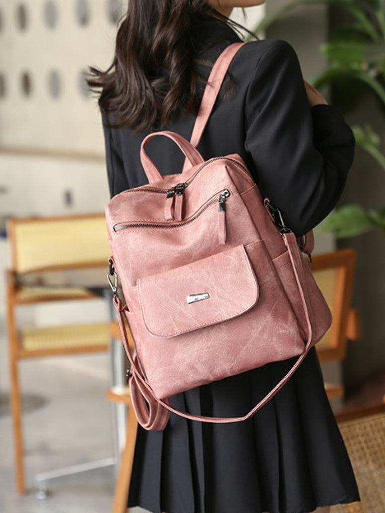 Sac à dos femme, grand format, simili vegan effet vieilli, sac convertible, multi - poches, casual chic, modèle Laurie - Sac à dos - Rose