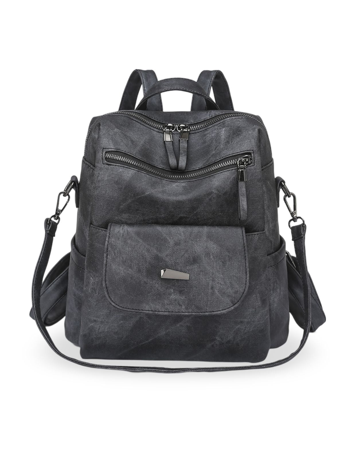 Sac à dos femme, grand format, simili vegan effet vieilli, sac convertible, multi - poches, casual chic, modèle Laurie - Sac à dos - Noir