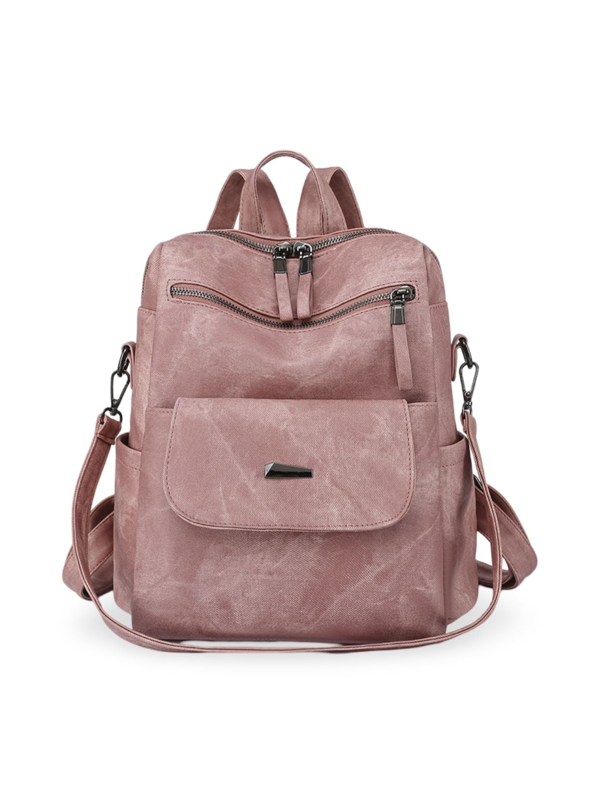 Sac à dos femme, grand format, simili vegan effet vieilli, sac convertible, multi - poches, casual chic, modèle Laurie - Sac à dos - Rose