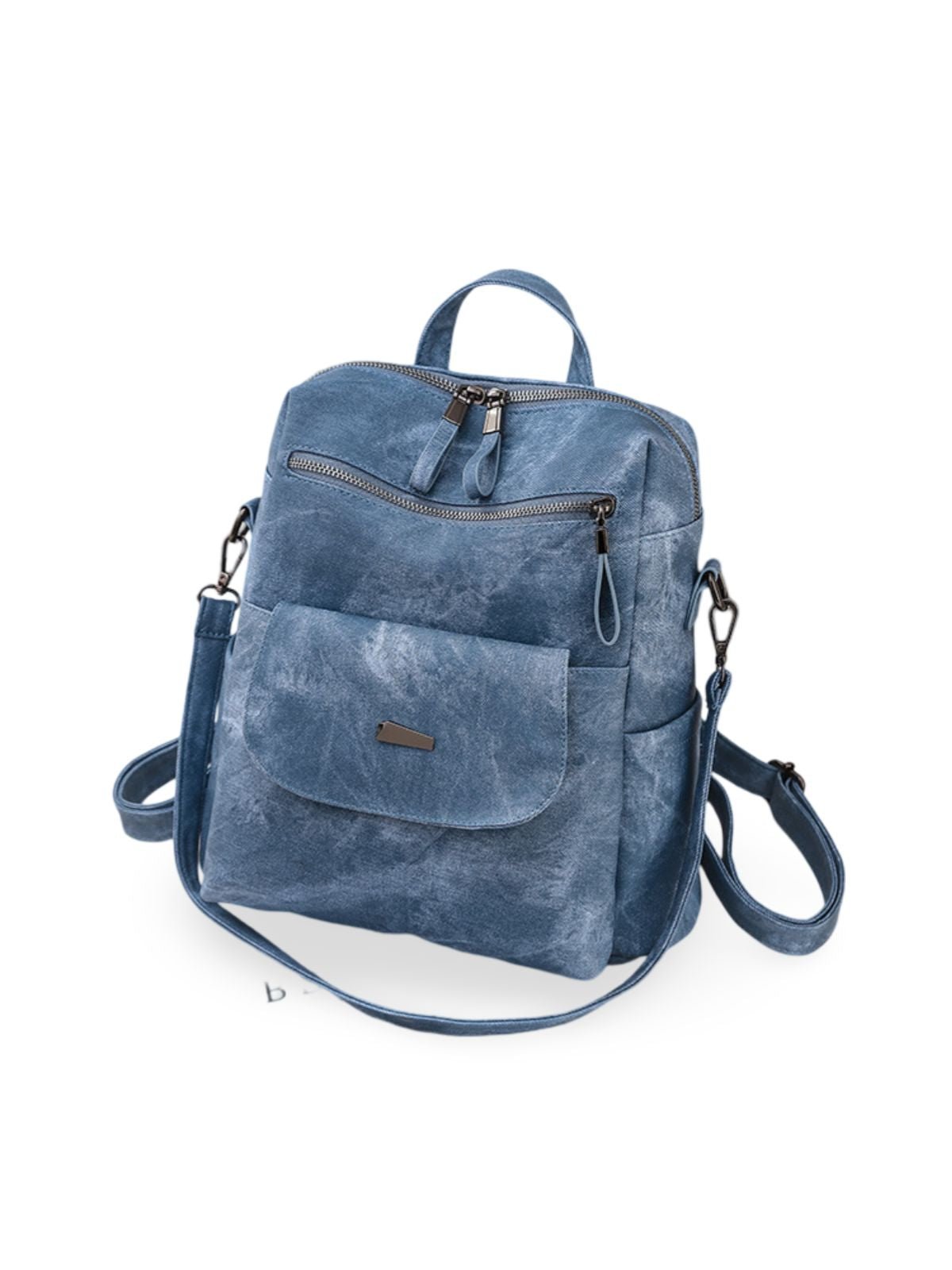 Sac à dos femme, grand format, simili vegan effet vieilli, sac convertible, multi - poches, casual chic, modèle Laurie - Sac à dos - Bleu