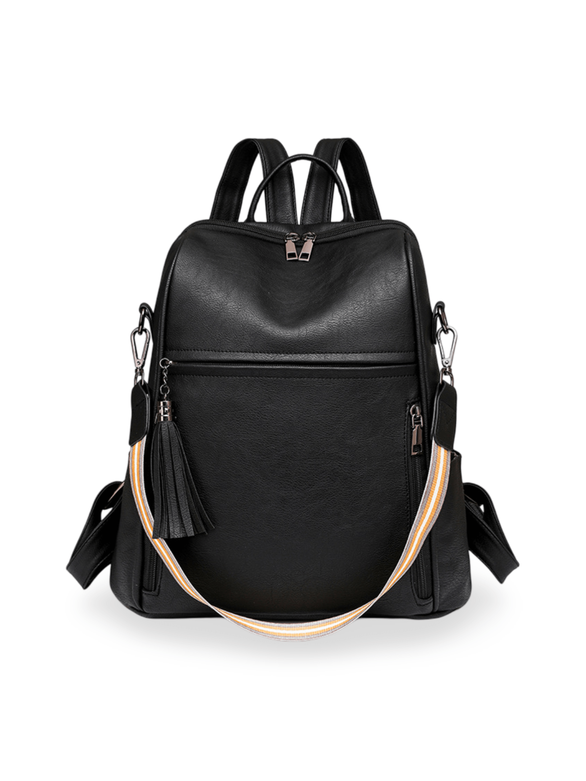 Sac à dos femme, grande capacité, simili vegan, multifonction, bandoulière rayée, style rétro, modèle Samirah - Sac à dos - Noir