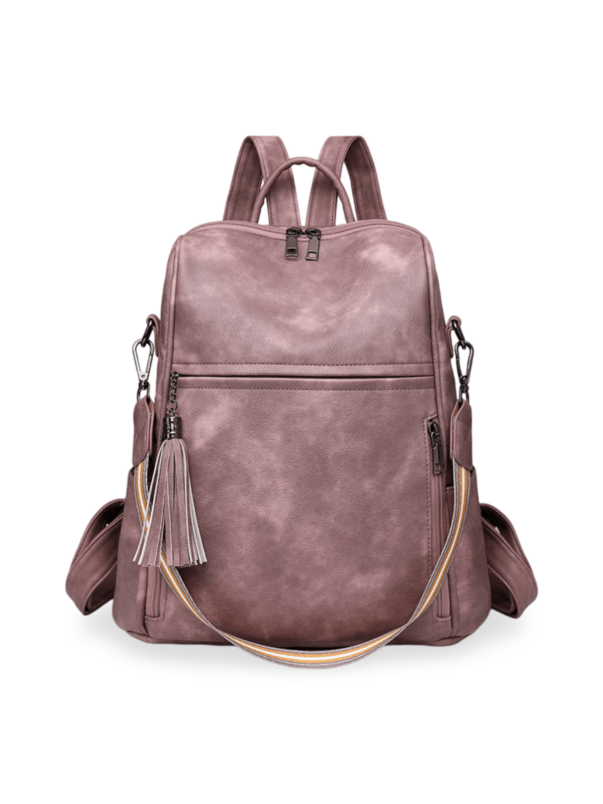 Sac à dos femme, grande capacité, simili vegan, multifonction, bandoulière rayée, style rétro, modèle Samirah - Sac à dos - Rose