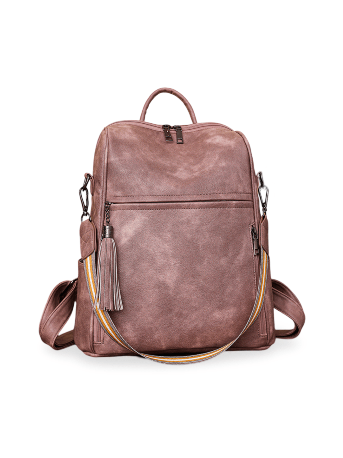 Sac à dos femme, grande capacité, simili vegan, multifonction, bandoulière rayée, style rétro, modèle Samirah - Sac à dos - Rose