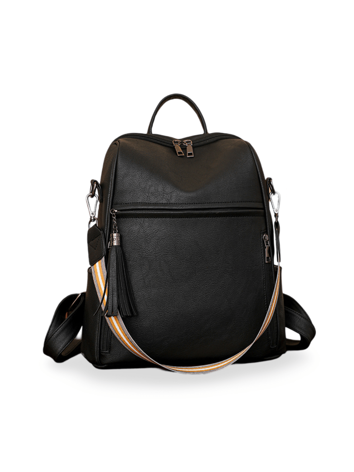 Sac à dos femme, grande capacité, simili vegan, multifonction, bandoulière rayée, style rétro, modèle Samirah - Sac à dos - Noir