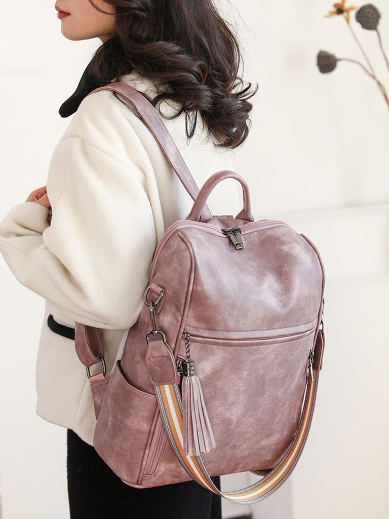 Sac à dos femme, grande capacité, simili vegan, multifonction, bandoulière rayée, style rétro, modèle Samirah - Sac à dos - Rose