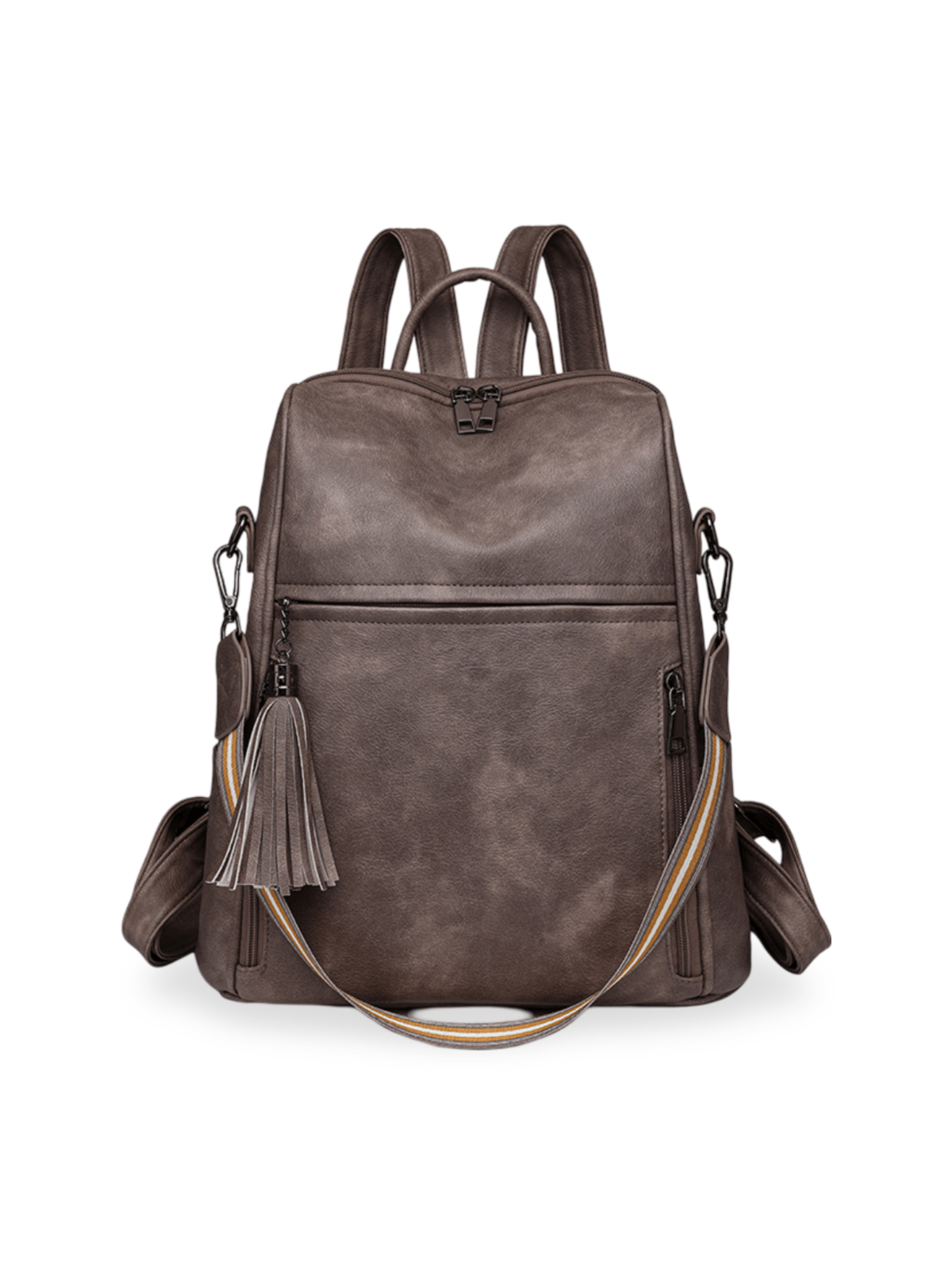 Sac à dos femme, grande capacité, simili vegan, multifonction, bandoulière rayée, style rétro, modèle Samirah - Sac à dos - Taupe