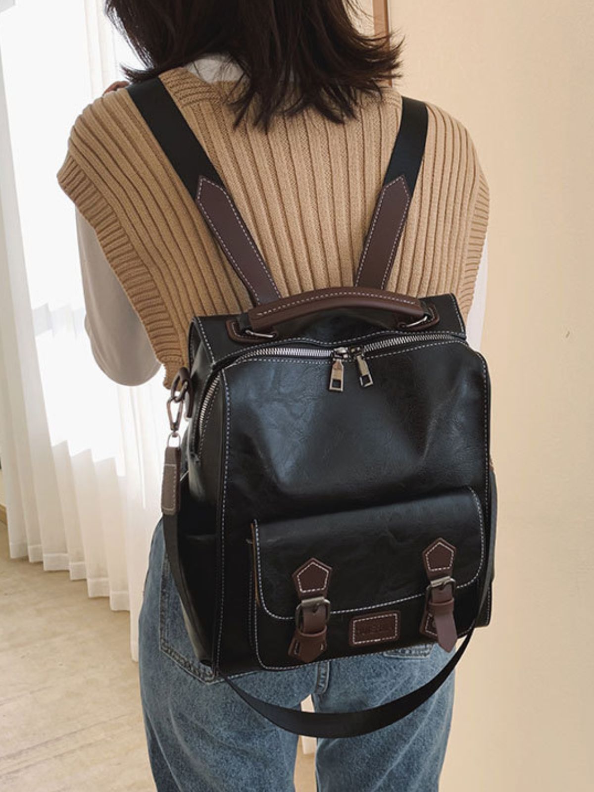 Sac à dos femme, simili vegan, design rétro, antivol, grande capacité, modèle Sisi - Sac à dos - Marron