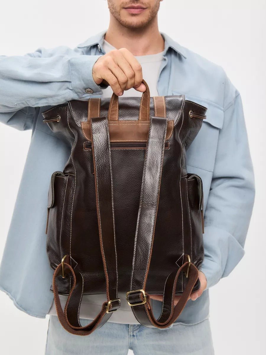 Sac à dos homme en cuir, imperméable, avec compartiment pour ordinateur, style urbain, modèle Hélios - Sac à dos - Café