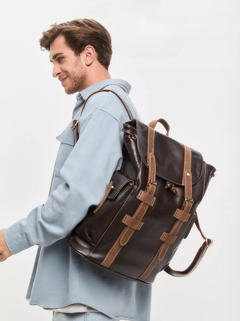 Sac à dos homme en cuir, imperméable, avec compartiment pour ordinateur, style urbain, modèle Hélios - Sac à dos - Café