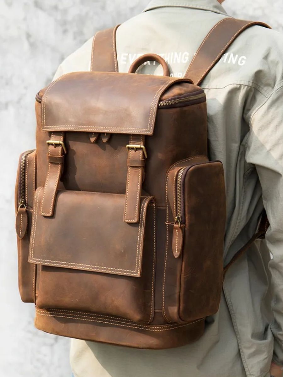 Sac à dos homme en cuir véritable, vintage, à grande capacité, idéal pour des voyages, modèle Calixte - Sac à dos - Marron