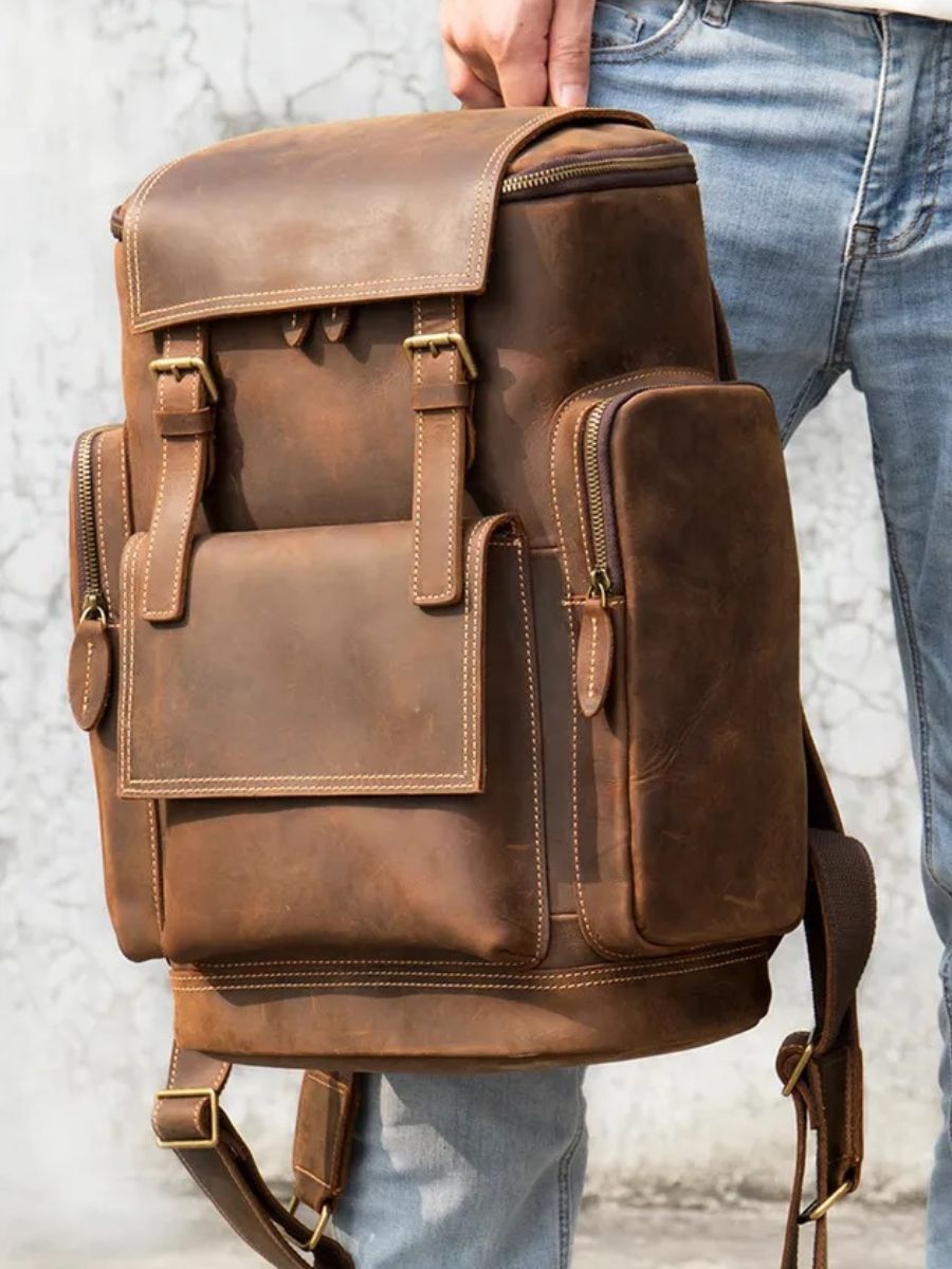 Sac à dos homme en cuir véritable, vintage, à grande capacité, idéal pour des voyages, modèle Calixte - Sac à dos - Marron