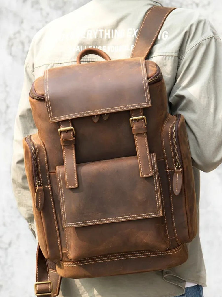 Sac à dos homme en cuir véritable, vintage, à grande capacité, idéal pour des voyages, modèle Calixte - Sac à dos - Marron