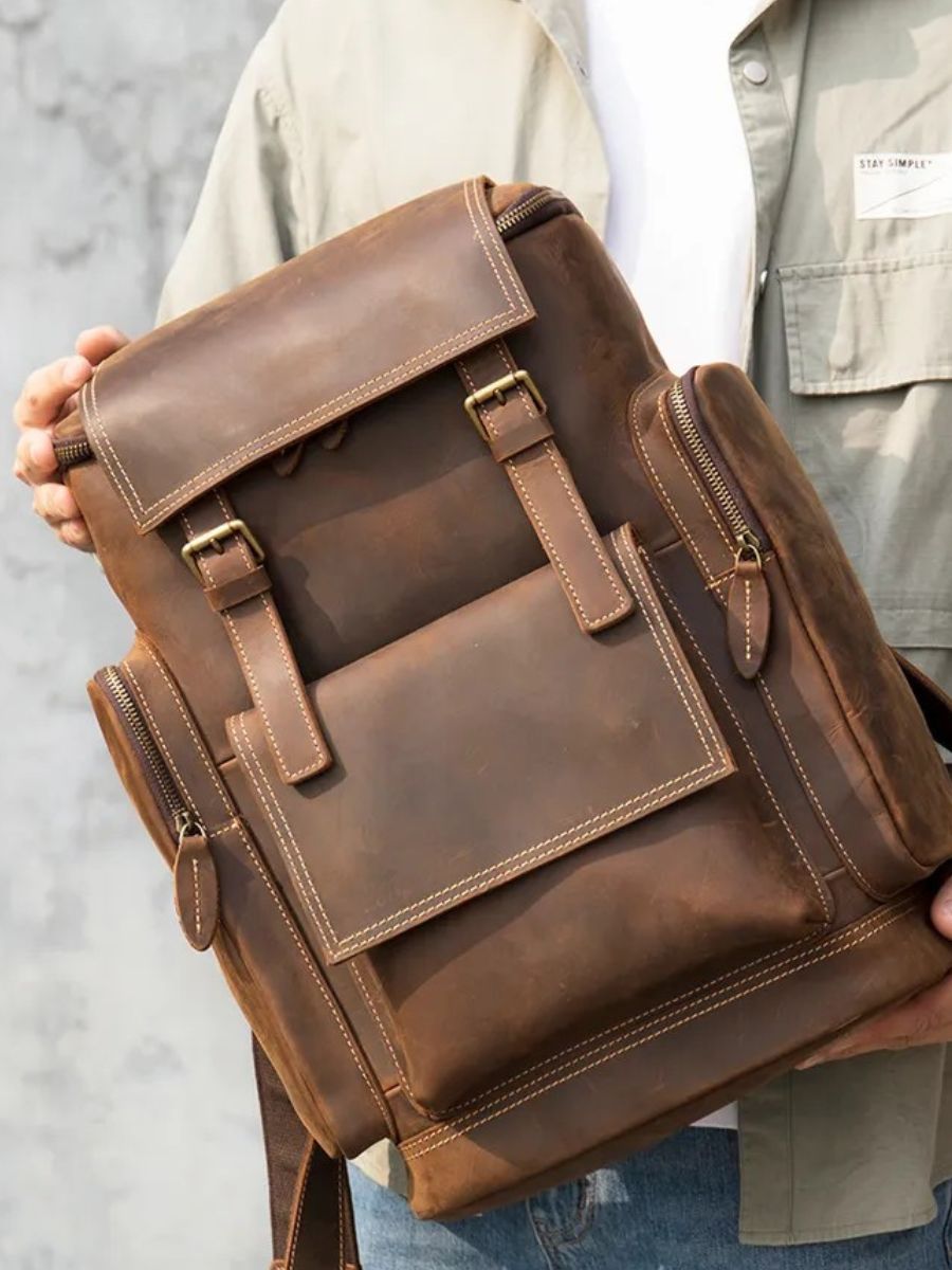 Sac à dos homme en cuir véritable, vintage, à grande capacité, idéal pour des voyages, modèle Calixte - Sac à dos - Marron