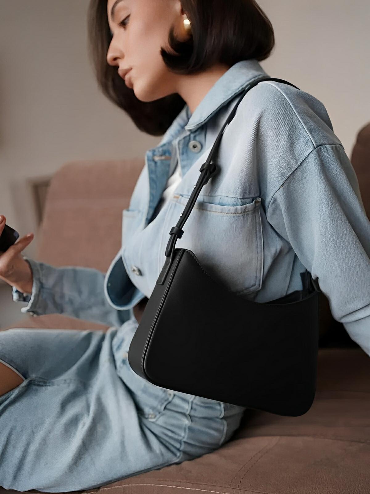 Sac à main baguette femme, bandoulière réglable, petit format, fermeture éclair, style minimaliste, modèle Ciah - Sac à main - Noir