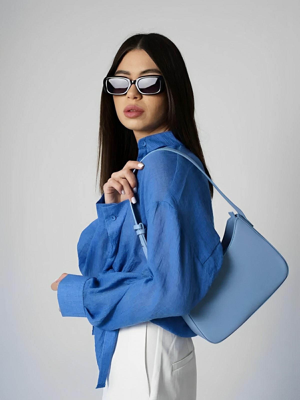 Sac à main baguette femme, bandoulière réglable, petit format, fermeture éclair, style minimaliste, modèle Ciah - Sac à main - Bleu