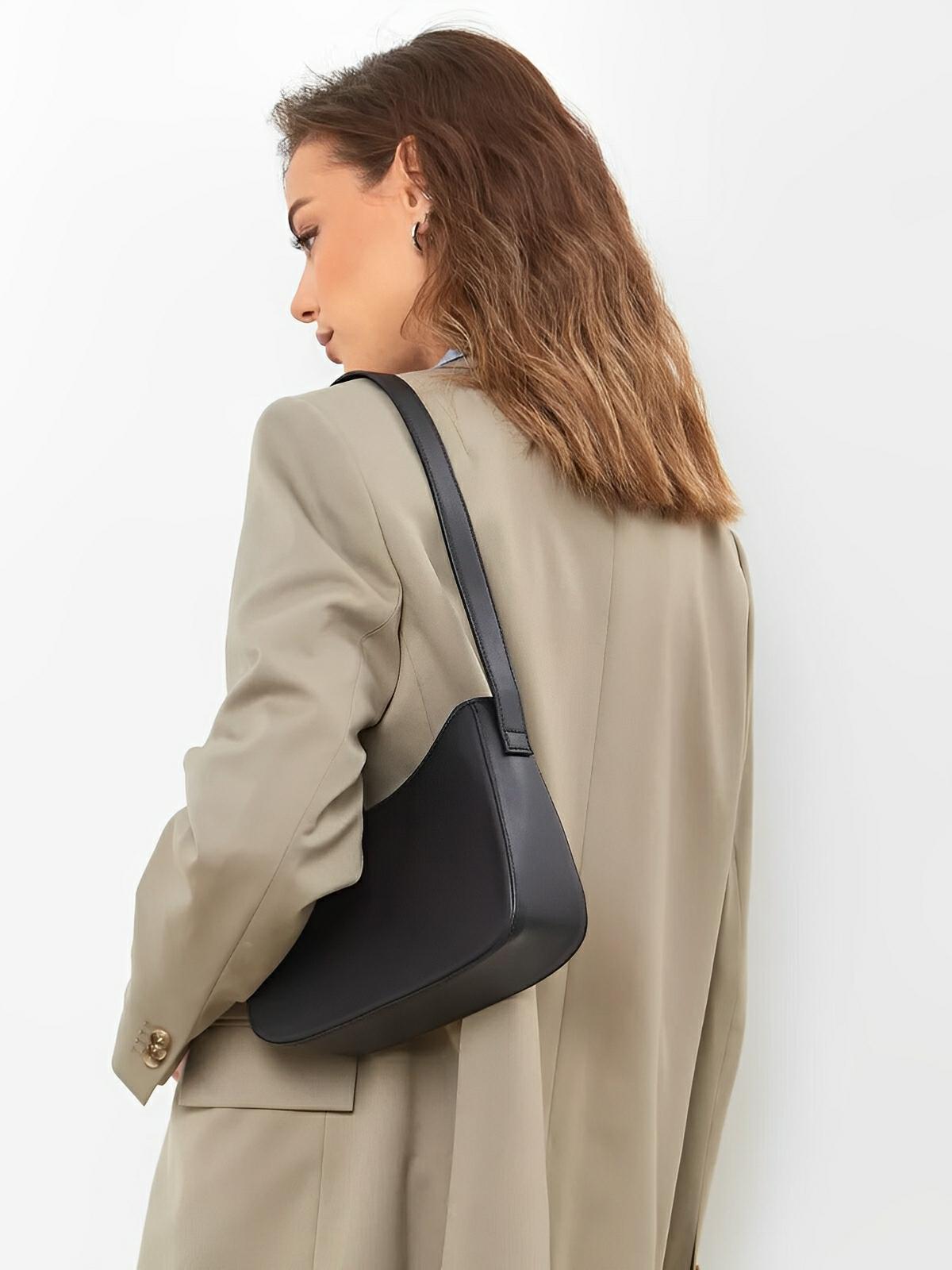Sac à main baguette femme, bandoulière réglable, petit format, fermeture éclair, style minimaliste, modèle Ciah - Sac à main - Noir