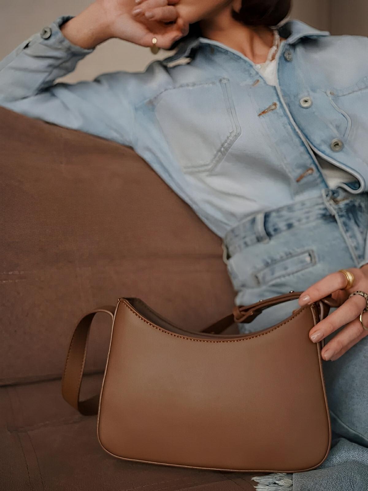 Sac à main baguette femme, bandoulière réglable, petit format, fermeture éclair, style minimaliste, modèle Ciah - Sac à main - Marron