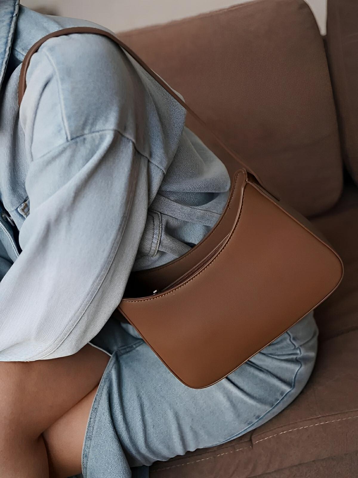 Sac à main baguette femme, bandoulière réglable, petit format, fermeture éclair, style minimaliste, modèle Ciah - Sac à main - Marron