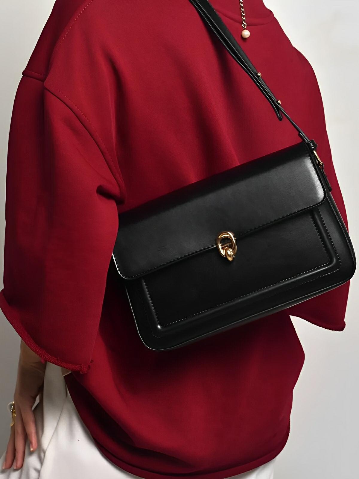 Sac à main en simili vegan, rabat élégant, design minimaliste, porté main ou épaule, format compact, modèle Cindy - Sac à main - Noir