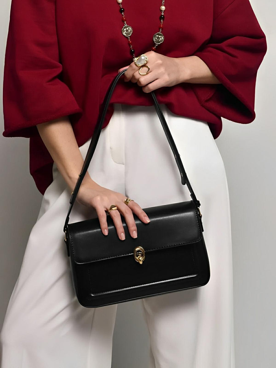Sac à main en simili vegan, rabat élégant, design minimaliste, porté main ou épaule, format compact, modèle Cindy - Sac à main - Noir