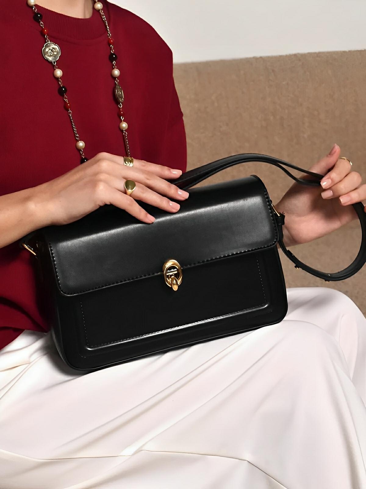 Sac à main en simili vegan, rabat élégant, design minimaliste, porté main ou épaule, format compact, modèle Cindy - Sac à main - Noir