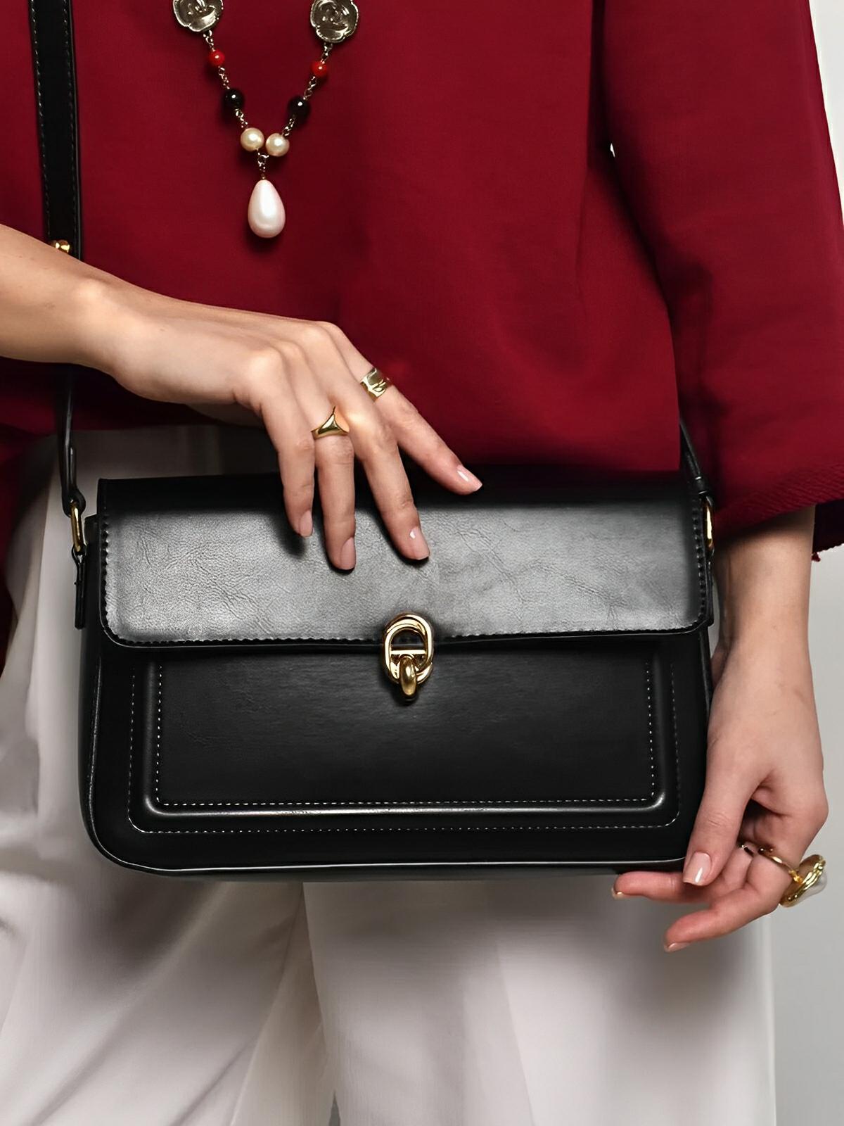 Sac à main en simili vegan, rabat élégant, design minimaliste, porté main ou épaule, format compact, modèle Cindy - Sac à main - Noir