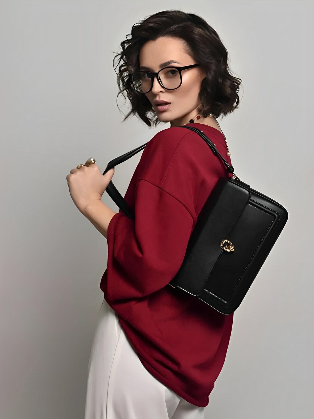 Sac à main en simili vegan, rabat élégant, design minimaliste, porté main ou épaule, format compact, modèle Cindy - Sac à main - Noir