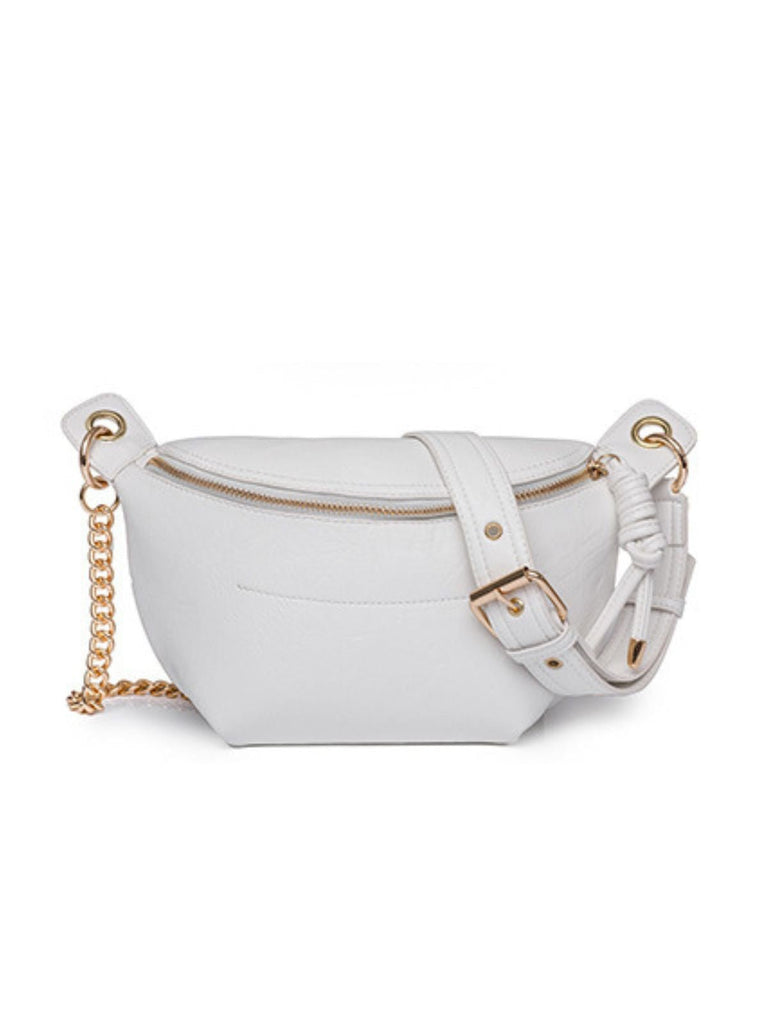 Sac banane femme rétro, simili vegan, bandoulière chaîne, compact et pratique, idéal pour le quotidien, modèle Tonyah - Sacoche - Blanc